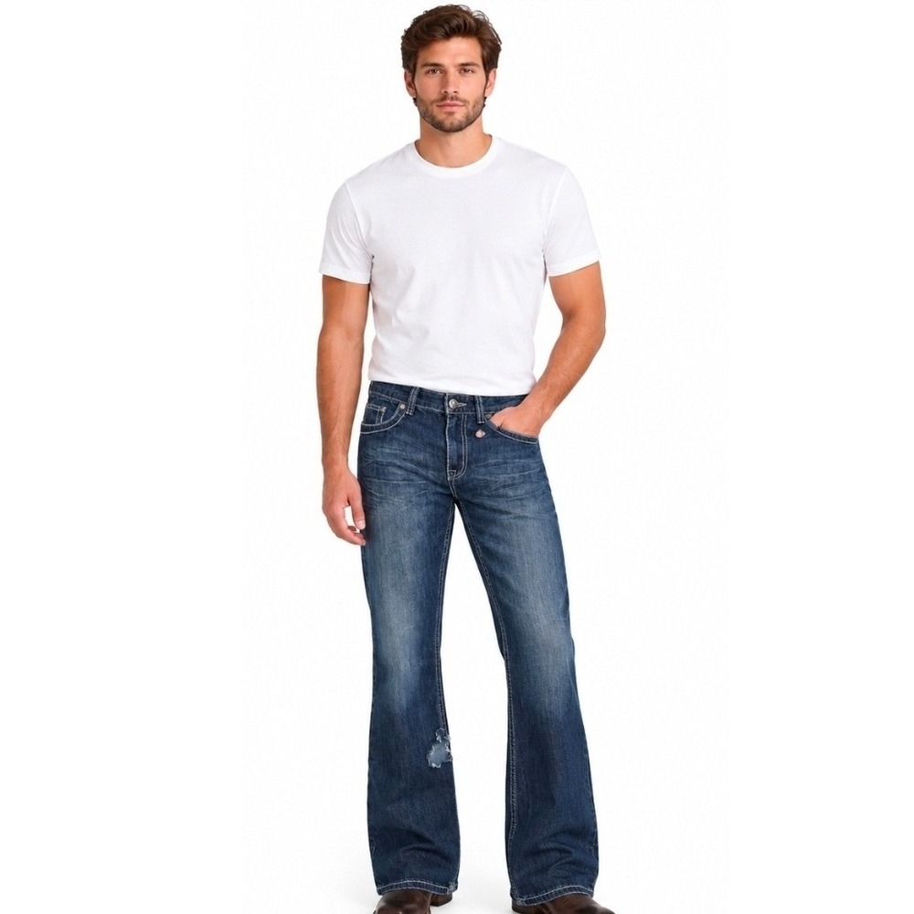 Helix Mens Relaxed Bootcut Jeans Dark Wash Contrast Stitch 32x30 Y2K Denim